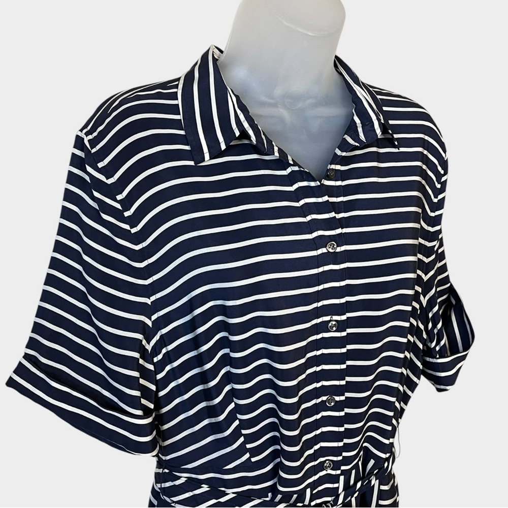 J.CREW Navy & White Striped Short Sleeve Shirt Dress Tie Waist Midi Size 16 Silk - Picture 3 of 7